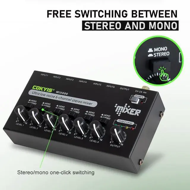 Alt view image 6 of 7 - Mini Audio Mixer, 6-Channel Stereo Line Mixer for Precision Sub-Mixing, with Ultra Low-Noise Operation, Independent Microphone Control, 1/4" TRS Input/Output-for Guitars, Bass, Stage Mixer