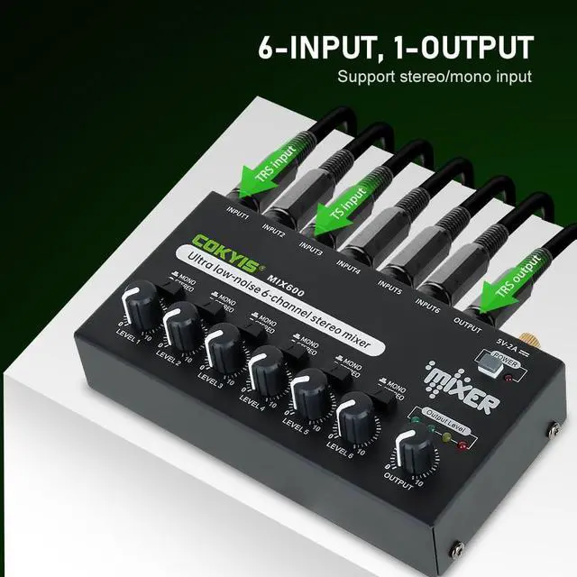 Alt view image 7 of 7 - Mini Audio Mixer, 6-Channel Stereo Line Mixer for Precision Sub-Mixing, with Ultra Low-Noise Operation, Independent Microphone Control, 1/4" TRS Input/Output-for Guitars, Bass, Stage Mixer