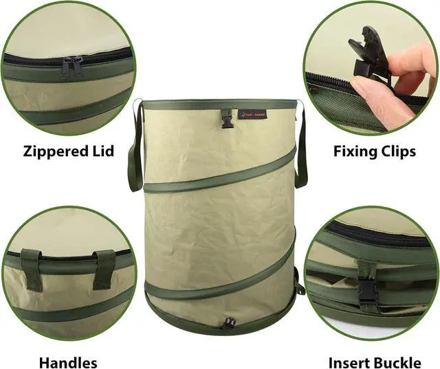 Alt view image 7 of 7 - 29 Gallon Hard Bottom Collapsible Trash Can, Green, 2-Pack | Heavy Duty, Collapsible Garden Bag, For Weeds, Leaf, Yard & Party Waste