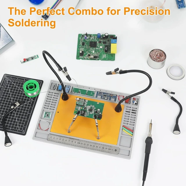 Alt view image 2 of 7 - Magnetic Helping Hands Soldering Station with 6 Flexible Arms, Heat-Resistant Mat, Cutting Mat & Ruler for DIY & Electronics Repair