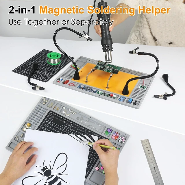 Alt view image 3 of 7 - Magnetic Helping Hands Soldering Station with 6 Flexible Arms, Heat-Resistant Mat, Cutting Mat & Ruler for DIY & Electronics Repair