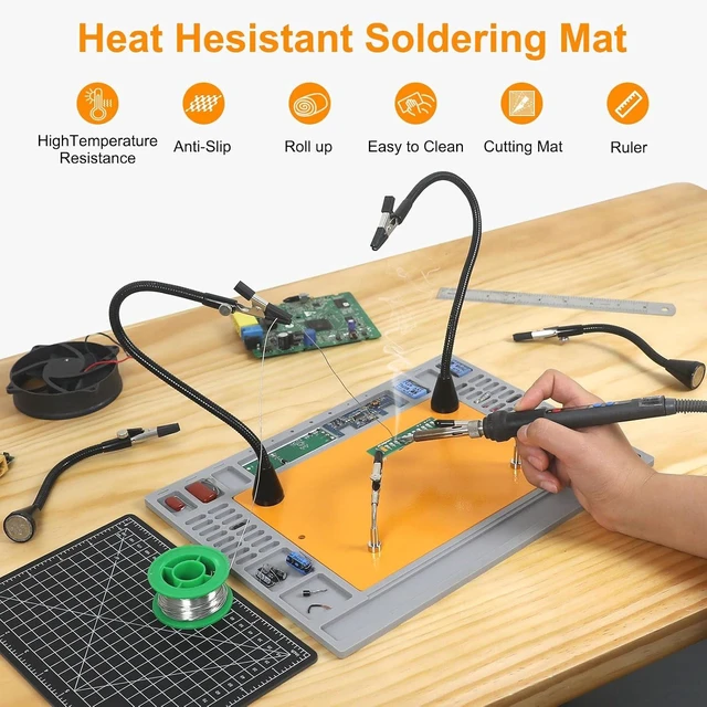 Alt view image 4 of 7 - Magnetic Helping Hands Soldering Station with 6 Flexible Arms, Heat-Resistant Mat, Cutting Mat & Ruler for DIY & Electronics Repair