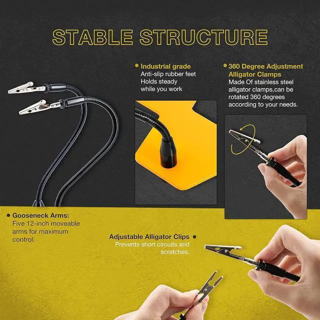 Alt view image 2 of 7 - LED Lighted Magnifying Third Hand Soldering PCB Holder Tool Five Arms Helping Hands Crafts Jewelry Hobby Workshop Helping Station Non-slip weighted base, LED Lamp