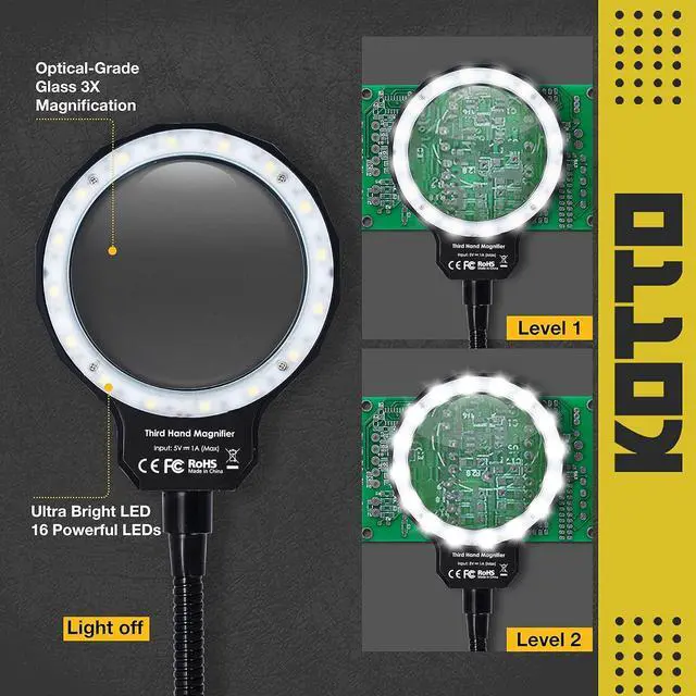 Alt view image 3 of 7 - LED Lighted Magnifying Third Hand Soldering PCB Holder Tool Five Arms Helping Hands Crafts Jewelry Hobby Workshop Helping Station Non-slip weighted base, LED Lamp