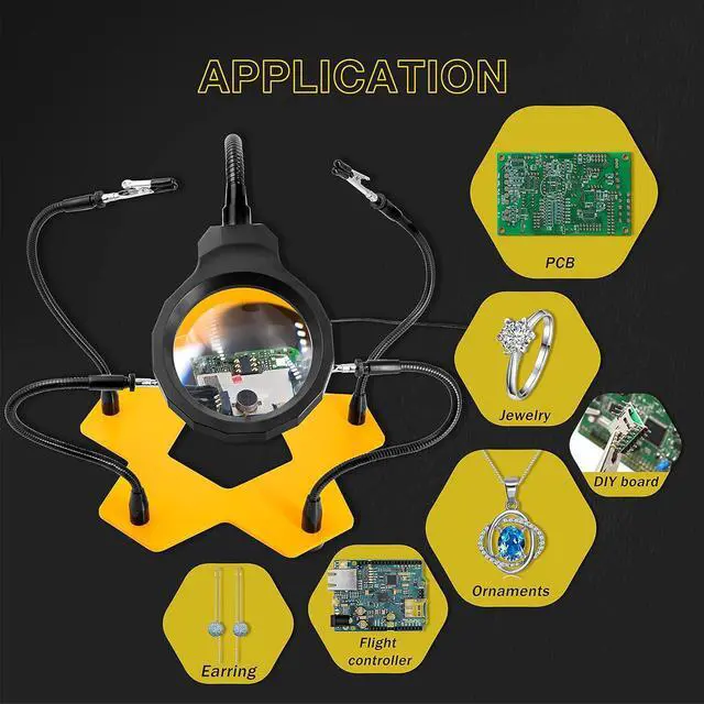 Alt view image 6 of 7 - LED Lighted Magnifying Third Hand Soldering PCB Holder Tool Five Arms Helping Hands Crafts Jewelry Hobby Workshop Helping Station Non-slip weighted base, LED Lamp
