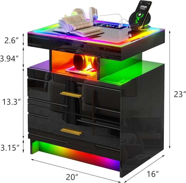 Alt view image 2 of 7 - Smart Nightstand with Wireless Charging Station& Remote Lights,Black