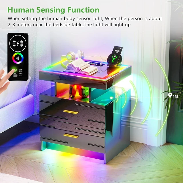 Alt view image 6 of 7 - Smart Nightstand with Wireless Charging Station& Remote Lights,Black