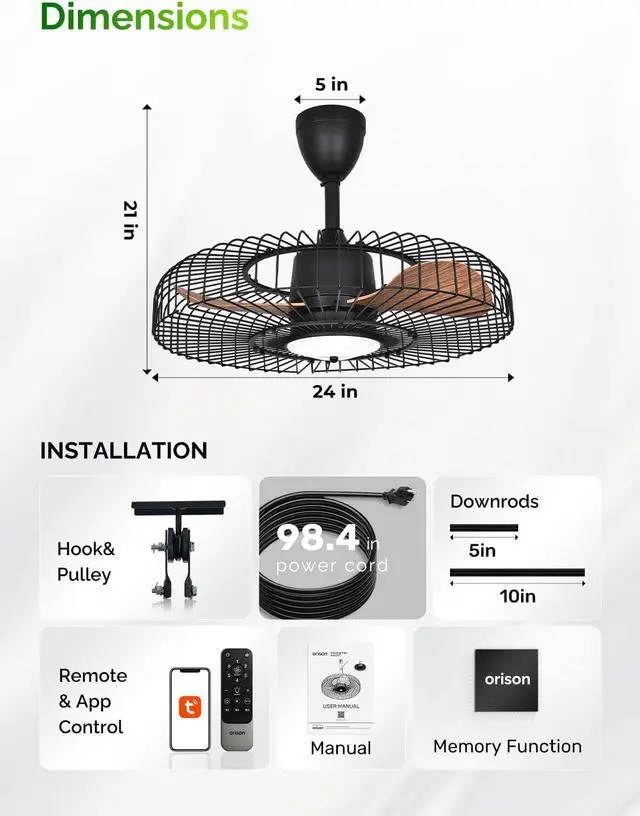 Alt view image 2 of 7 - Outdoor Ceiling Fans with Lights for Patio, 24" Weatherproof Ceiling Fan, Gazebo Fan Remote & APP Control, 3CCT Dimmable,Caged Plug in Ceiling Fan with Hanging Hook for Pergola Porch Canopy