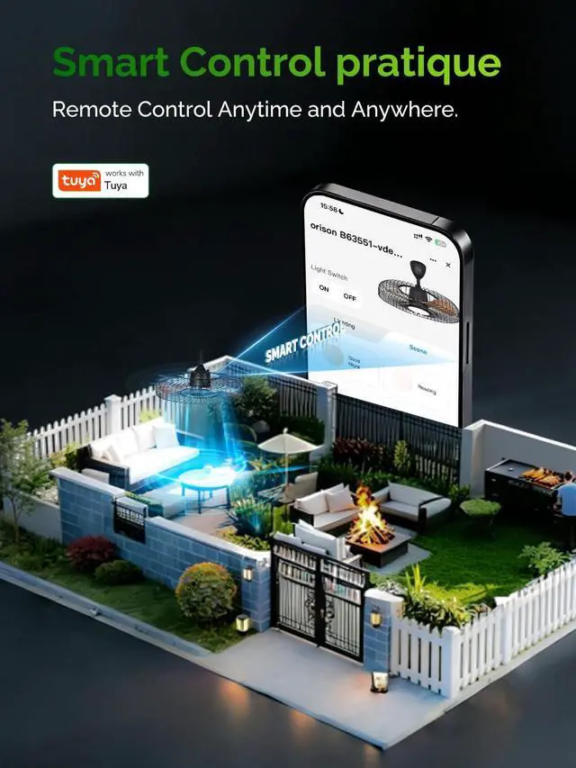 Alt view image 3 of 7 - Outdoor Ceiling Fans with Lights for Patio, 24" Weatherproof Ceiling Fan, Gazebo Fan Remote & APP Control, 3CCT Dimmable,Caged Plug in Ceiling Fan with Hanging Hook for Pergola Porch Canopy