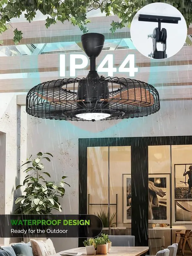 Alt view image 4 of 7 - Outdoor Ceiling Fans with Lights for Patio, 24" Weatherproof Ceiling Fan, Gazebo Fan Remote & APP Control, 3CCT Dimmable,Caged Plug in Ceiling Fan with Hanging Hook for Pergola Porch Canopy