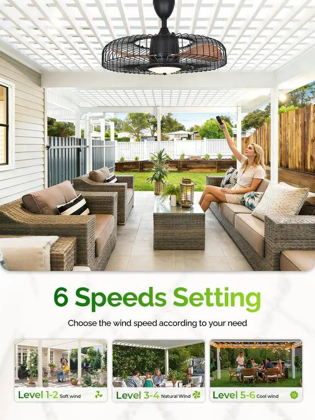 Alt view image 5 of 7 - Outdoor Ceiling Fans with Lights for Patio, 24" Weatherproof Ceiling Fan, Gazebo Fan Remote & APP Control, 3CCT Dimmable,Caged Plug in Ceiling Fan with Hanging Hook for Pergola Porch Canopy