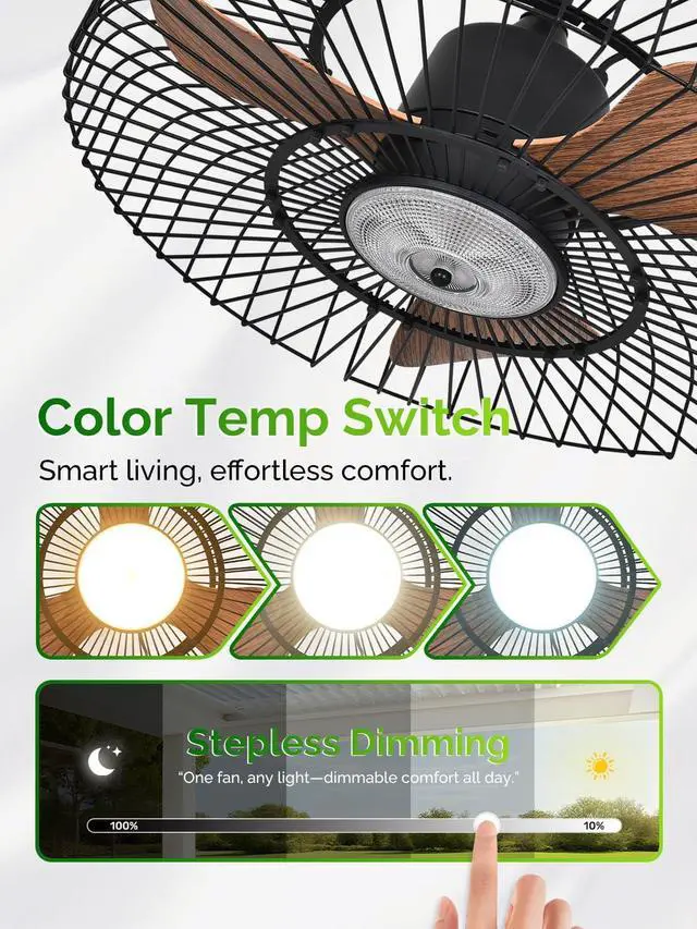 Alt view image 6 of 7 - Outdoor Ceiling Fans with Lights for Patio, 24" Weatherproof Ceiling Fan, Gazebo Fan Remote & APP Control, 3CCT Dimmable,Caged Plug in Ceiling Fan with Hanging Hook for Pergola Porch Canopy