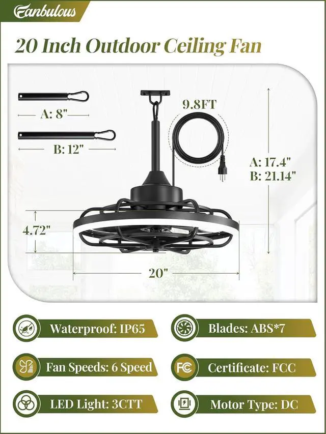 Alt view image 6 of 7 - Outdoor Ceiling Fans with Light for Patios, 20" Weatherproof Plug in Ceiling Fan, Gazebo Fan Remote&APP Control, 3CCT Dimmable,Caged Ceiling Fan with Hanging Hook for Porch, Pergola,Canopy