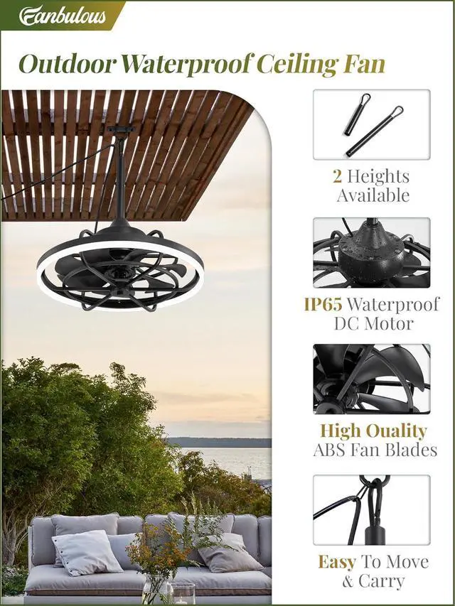 Alt view image 7 of 7 - Outdoor Ceiling Fans with Light for Patios, 20" Weatherproof Plug in Ceiling Fan, Gazebo Fan Remote&APP Control, 3CCT Dimmable,Caged Ceiling Fan with Hanging Hook for Porch, Pergola,Canopy