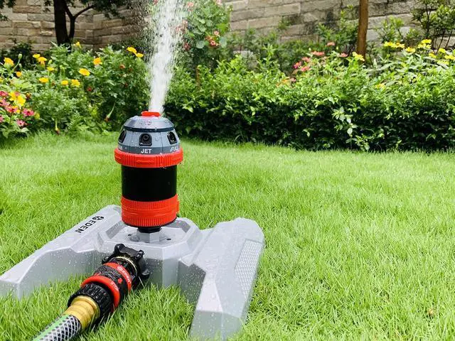 Alt view image 3 of 4 - 96122 Metal Base 6-Pattern Rotary Gear Drive Sprinkler | Quiet Operation, Adjustable Range, 5°- 360° Coverage, Flow-Through Design for Customized Watering, Quick Connect Starter Set Included