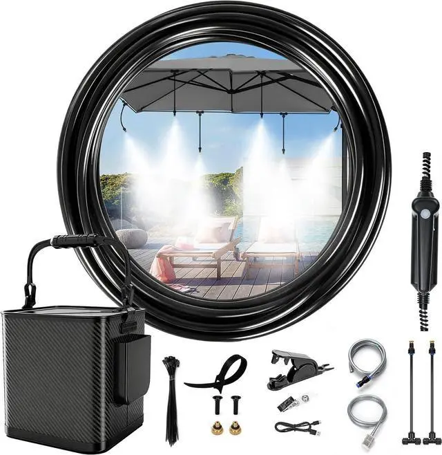 Main image of Portable Misting Cooling System Kit with 10M Hose, 4500mAh Rechargeable Pump and 8 Mist Nozzles, Outdoor Misting System for Patio, Garden, Backyard, Camping, Beach, Golf Cart and Animal Shelter