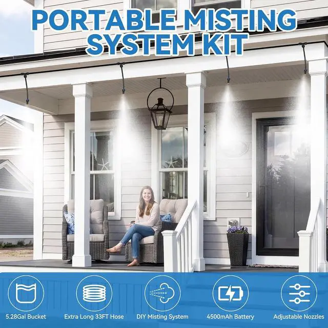 Alt view image 2 of 7 - Portable Misting Cooling System Kit with 10M Hose, 4500mAh Rechargeable Pump and 8 Mist Nozzles, Outdoor Misting System for Patio, Garden, Backyard, Camping, Beach, Golf Cart and Animal Shelter