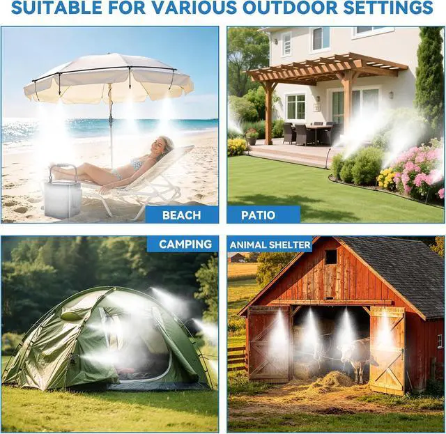 Alt view image 3 of 7 - Portable Misting Cooling System Kit with 10M Hose, 4500mAh Rechargeable Pump and 8 Mist Nozzles, Outdoor Misting System for Patio, Garden, Backyard, Camping, Beach, Golf Cart and Animal Shelter