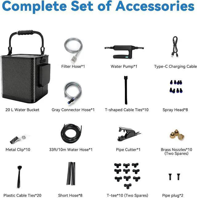 Alt view image 7 of 7 - Portable Misting Cooling System Kit with 10M Hose, 4500mAh Rechargeable Pump and 8 Mist Nozzles, Outdoor Misting System for Patio, Garden, Backyard, Camping, Beach, Golf Cart and Animal Shelter