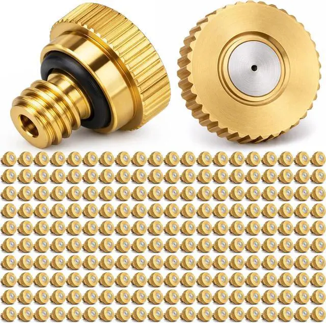 Main image of 150 Pcs 0.3mm Brass Misting Nozzles, Mister Nozzles Brass for Outdoor Cooling System Orifice 10/24 UNC Replacement Heads for Outdoor Cooling System