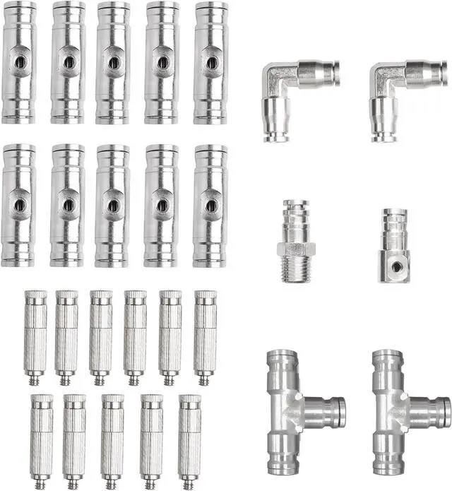 Main image of Brass Patio Misting Kit 11pcs Brass Micro-Nozzles & 16pcs 1/4 Slip Connectors for Outdoor Cooling (UNC 10/24, 0.012 Precision Orifice, 15-280 psi)