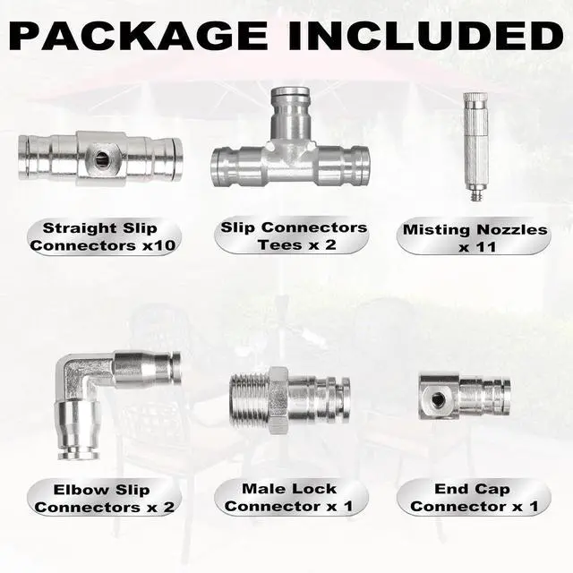 Alt view image 4 of 6 - Brass Patio Misting Kit 11pcs Brass Micro-Nozzles & 16pcs 1/4 Slip Connectors for Outdoor Cooling (UNC 10/24, 0.012 Precision Orifice, 15-280 psi)