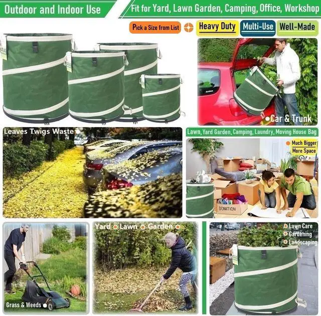 Alt view image 2 of 7 - 46-Gallon Collapsible Trash Can (22x28 in) Hard-Shell Bottom Yard Garden Bag,Big Leaf Bag,Yard Waste Bags,Debris Container,Pop-Up Recycling Bin,RV Camping Waste Bin,Laundry Hamper,Lawn Grass,Weeds Bag