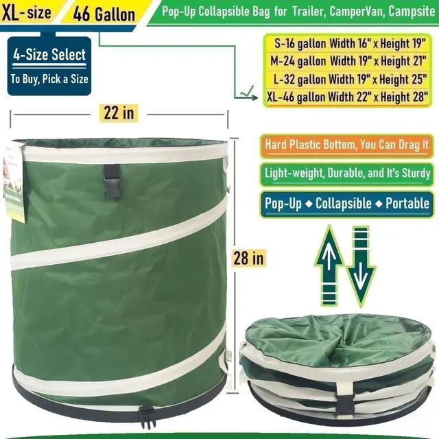 Alt view image 5 of 7 - 46-Gallon Collapsible Trash Can (22x28 in) Hard-Shell Bottom Yard Garden Bag,Big Leaf Bag,Yard Waste Bags,Debris Container,Pop-Up Recycling Bin,RV Camping Waste Bin,Laundry Hamper,Lawn Grass,Weeds Bag