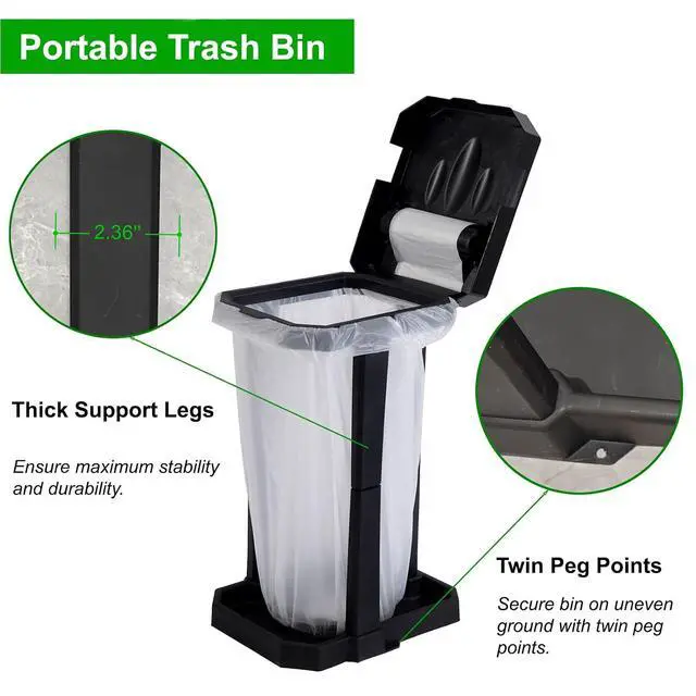 Alt view image 4 of 7 - Collapsible Trash Bag Holder with Reinforced Legs and Bonus Inner Storage Compartment, Portable Trash Can, Outdoor Waste Bin with 20 Bags Included for Camping, RV, Picnic, and Home Use