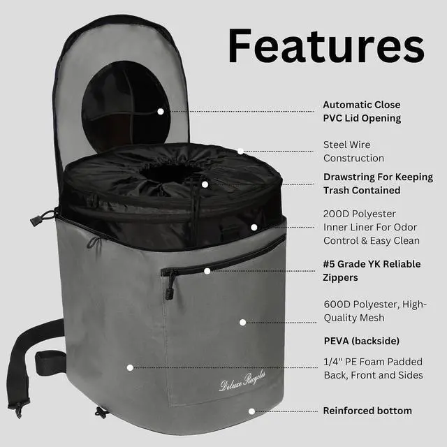 Alt view image 3 of 6 - Portable Trash Can for Boating and Camping - Durable and Collapsible with Inner Bin - Kayak, Fishing, Beach, Hiking and Camping Essentials, Boat Accessories 8 Gallon Trash Can (Grey)