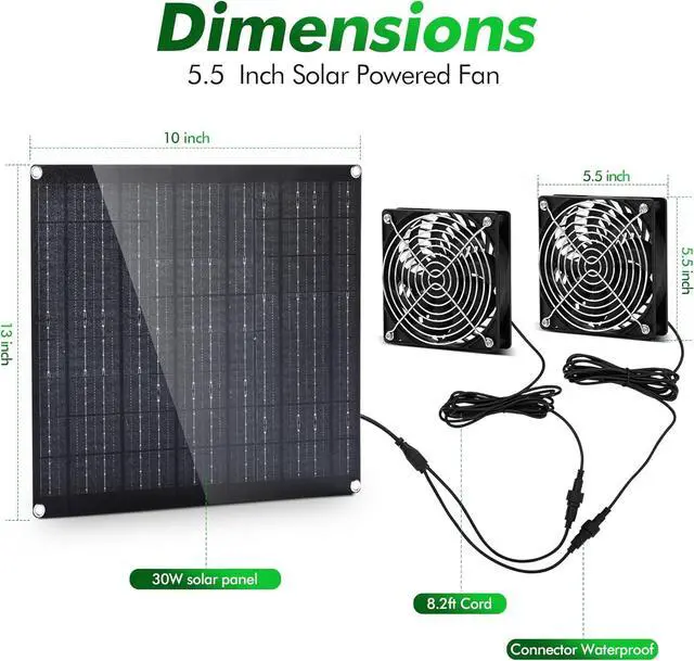 Alt view image 2 of 7 - 5.5" Solar Fan, Solar Panel Fan, 30W Solar Powered Fan with Dual IPX7 Waterproof Fans for Outside Chicken Coops, Greenhouses, Sheds, Intake or Exhaust Air Fan, Solar Ventilation Fan, Solar Exhaust Fan