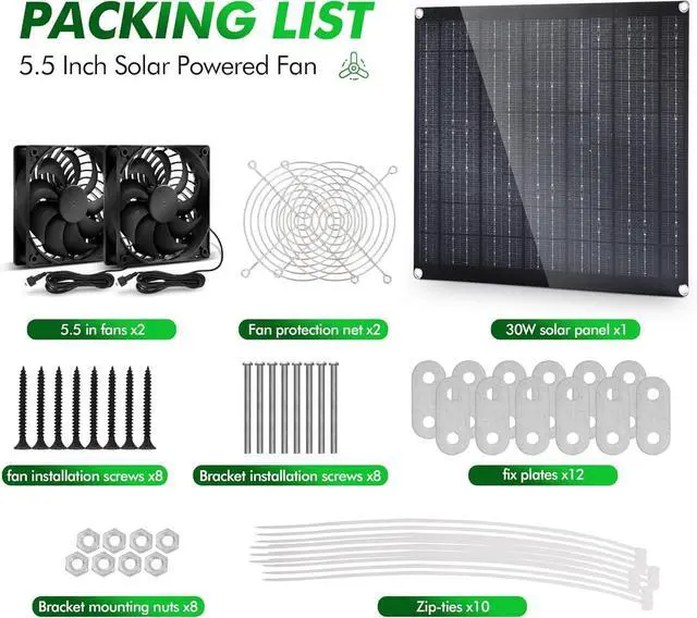 Alt view image 5 of 7 - 5.5" Solar Fan, Solar Panel Fan, 30W Solar Powered Fan with Dual IPX7 Waterproof Fans for Outside Chicken Coops, Greenhouses, Sheds, Intake or Exhaust Air Fan, Solar Ventilation Fan, Solar Exhaust Fan