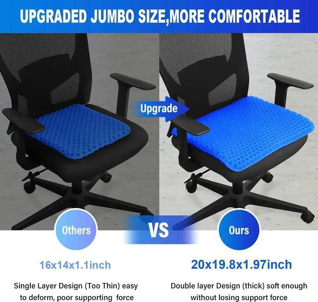 Alt view image 2 of 7 - 20" Gel Seat Cushion for Long Sitting Pressure Relief - Jumbo & Thick Gel Cushions for Office Chairs - Tailbone Pain Relief Cushion, Sciatica & Back Support, Wheelchair Cushions & Car Seat Cushion