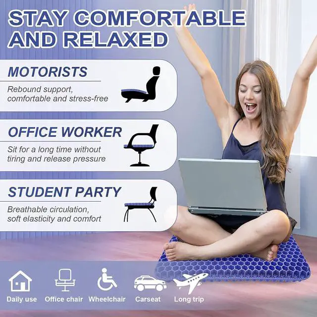 Alt view image 3 of 7 - Gel Seat Cushion, Jumbo&Thick Gel Cushion Chair Pads with Non-Slip Cover for Home Office Car Seat Wheelchair, Soft Breathable Honeycomb Seat Pads for Relieve Hip Pain, Blue 20x20x1.9inch