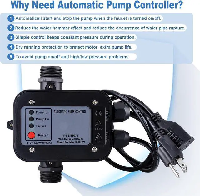 Alt view image 2 of 7 - Smart Water Pump Pressure Controller - Automatic Electronic Switch, Adjustable Pressure Range 1.5-2.5bar, Easy Plug-and-Play, 110-120V, Ideal for Various Pump Types