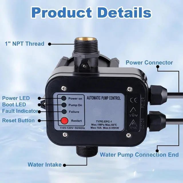 Alt view image 3 of 7 - Smart Water Pump Pressure Controller - Automatic Electronic Switch, Adjustable Pressure Range 1.5-2.5bar, Easy Plug-and-Play, 110-120V, Ideal for Various Pump Types