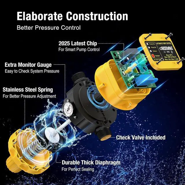 Alt view image 2 of 7 - Smart Pressure Switch with Gauge for Well Pump, Automatic Water Pumps Switch, Dry-running Protection for Submersible/Shallow Well/Garden/Jet/Self-priming Pump, Power&Pump Cable Included, 110V-120V