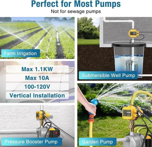 Alt view image 7 of 7 - Smart Pressure Switch with Gauge for Well Pump, Automatic Water Pumps Switch, Dry-running Protection for Submersible/Shallow Well/Garden/Jet/Self-priming Pump, Power&Pump Cable Included, 110V-120V