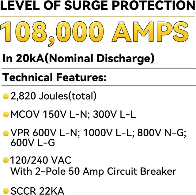 Alt view image 3 of 7 - WiFi Whole House Surge Protector, 108,000 Amps/Phase, 2820 Joules Total, Thermally Protected Metal Oxide Varistors, Check Surge Times & Voltage by Smartphone