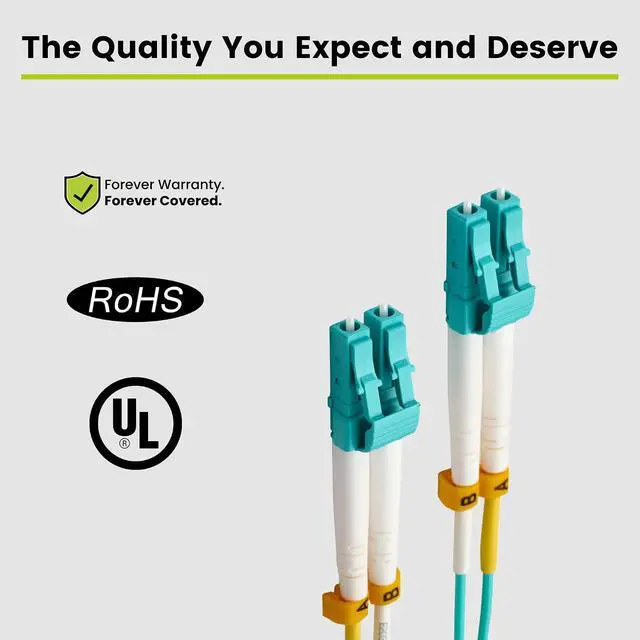 Alt view image 7 of 7 - trueCABLE LC to LC OM3 Fiber Patch Cable, 3m (9.84ft), UPC Polish, 10GB Multimode (MM) Duplex 50/125um, Riser Rated (OFNR), UL Listed, 5 Pack, Aqua