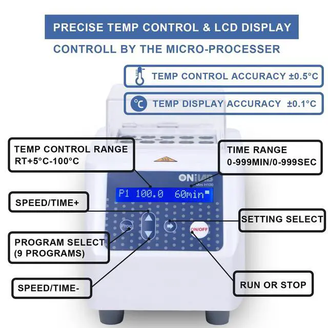 Alt view image 5 of 6 - Mini Dry Bath Incubator,15 x1.5ml Aluminium Heating Block, LCD Display, Timer Control,UP to 100C, 0.5C Accuracy,9 Programs in Memory, Rapid Calibration Function