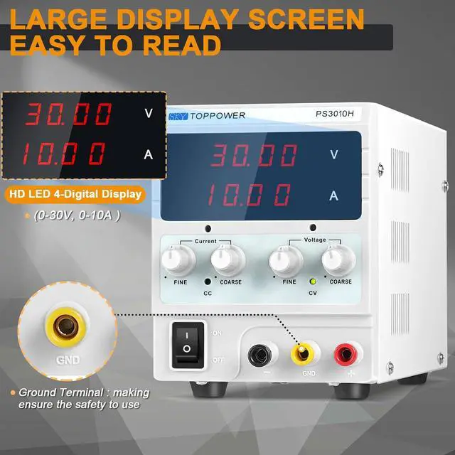Alt view image 7 of 7 - DC Power Supply Variable,0-30V 0-10A Adjustable Bench Power | Regulated Lab PSU,4-Digit Display,for Repairing Phones,Computers,Test,Battery Charging,Electrolytic Power Supply,DIY,PS3010H