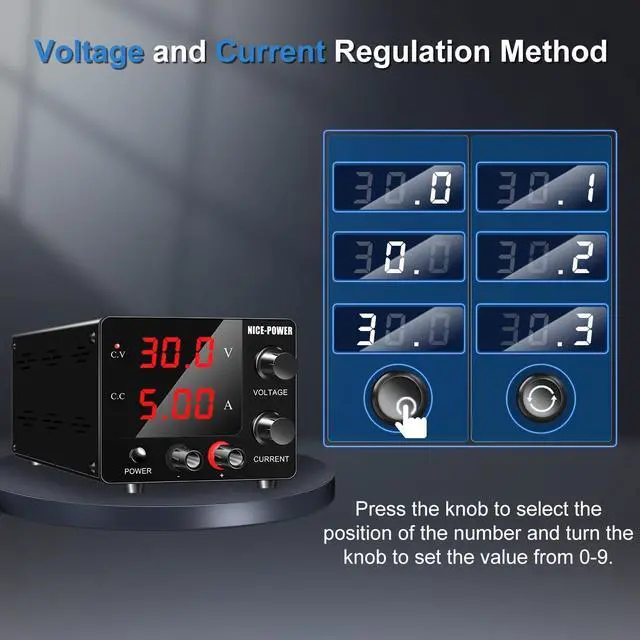 Alt view image 5 of 7 - DC Power Supply Variable, 30V 5A Adjustable Switching Regulated Power Supply with Encoder, Upgraded 3-Digits LED Display, Electroplating DIY LED Test Mini Regulated DC Bench Power Supply