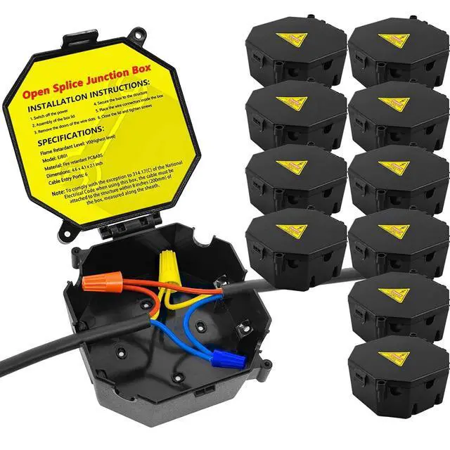 Main image of Black Open Splice Junction Box (10 Pack), Splice Box Wire Electrical Junction Box with Cover V0 Flame Retardant Rating(Highest Level)