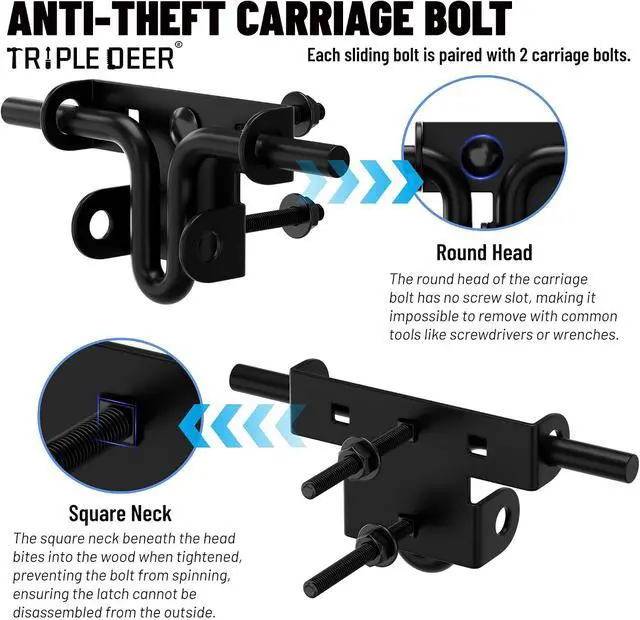 Alt view image 4 of 7 - Heavy Duty Sliding Bolt Gate Latch with Padlock Hole & Carriage Bolt, Slide Bolt Hardware for Wooden Fence/Yard Fence/Shed Door/Barn Door, Black, 4 Pack