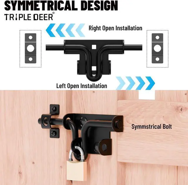 Alt view image 5 of 7 - Heavy Duty Sliding Bolt Gate Latch with Padlock Hole & Carriage Bolt, Slide Bolt Hardware for Wooden Fence/Yard Fence/Shed Door/Barn Door, Black, 4 Pack