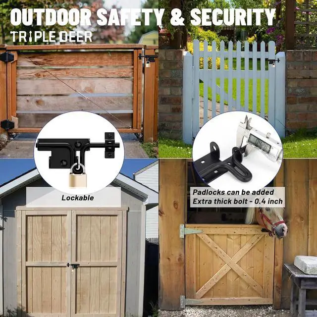 Alt view image 6 of 7 - Heavy Duty Sliding Bolt Gate Latch with Padlock Hole & Carriage Bolt, Slide Bolt Hardware for Wooden Fence/Yard Fence/Shed Door/Barn Door, Black, 4 Pack