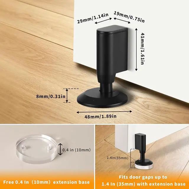 Alt view image 2 of 6 - 3 Pack Magnetic Door Stopper, Retractable Magnet Floor Door Stop with 0.4 in (10mm) Extension Base, Adhesive Door Magnetic Catch, Door Holder for Gaps Up to 1.4 in (35mm), Black MB-3