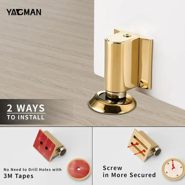 Alt view image 5 of 6 - 3 Pack Magnetic Door Stopper Floor Mount, No Drilling Adhesive Door Holder, Retractable Magnetic Door Stop, Keep Door Open, Windproof Door Catch for Home, Pet and Renters, Polished Gold