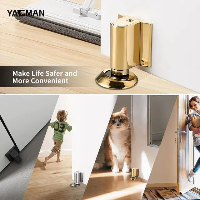 Alt view image 6 of 6 - 3 Pack Magnetic Door Stopper Floor Mount, No Drilling Adhesive Door Holder, Retractable Magnetic Door Stop, Keep Door Open, Windproof Door Catch for Home, Pet and Renters, Polished Gold